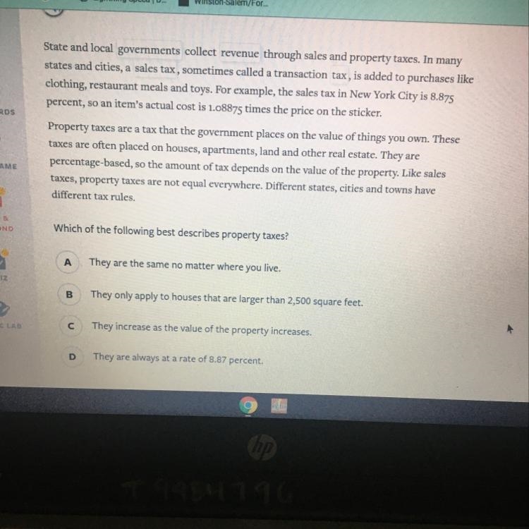 Which of the following best describes property taxes?-example-1