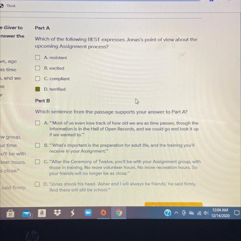 Which sentence from the passage supports your answer to part A. The giver-example-1