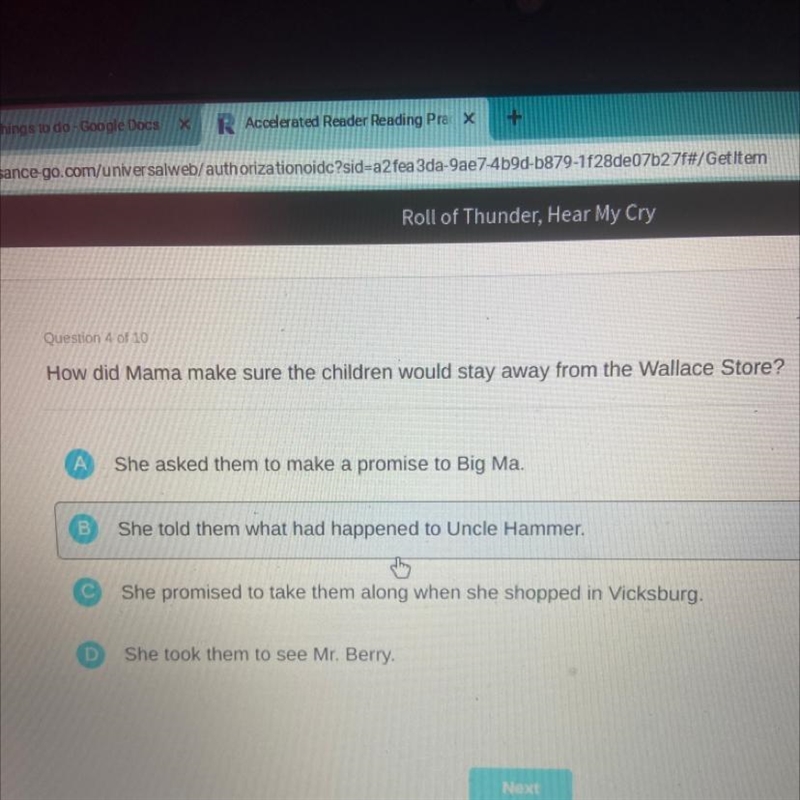 Question 4 of 10 How did Mama make sure the children would stay away from the Wallace-example-1