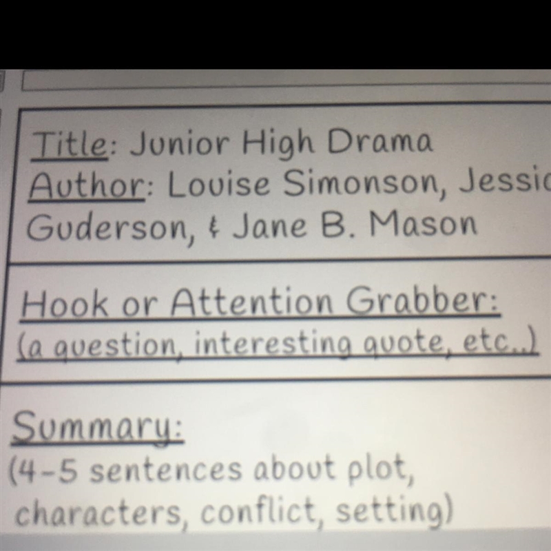 Hi , so i’m doing a book review on the book Junior High Drama and i have to write-example-1