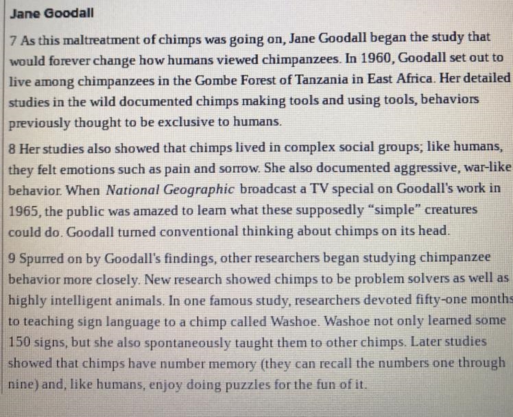 Read this informal outline of the passage section titled “Jane Goodall.” Main idea-example-1