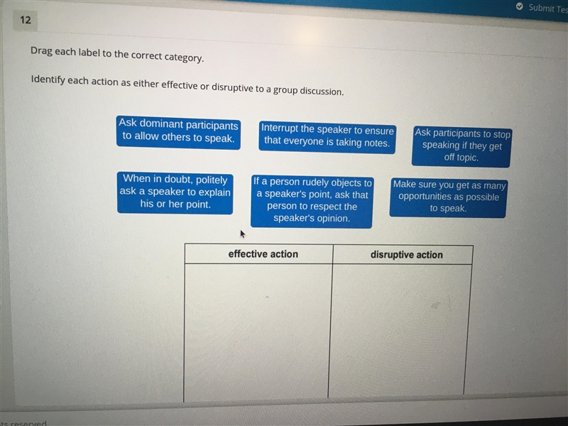 Identify each action as either effective or disruptive to a group discussion.-example-1