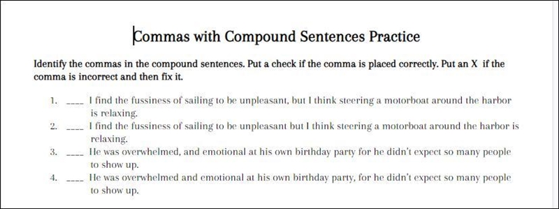 Commas with Compound Sentences Practice help please-example-1