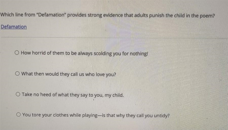 Which line from “Defamation” provides strong evidence that adults punish the child-example-1