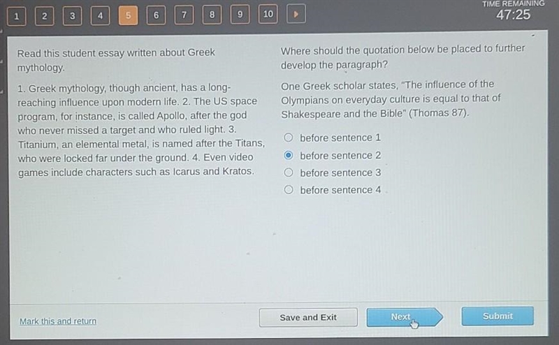 Read this student essay written about Greek mythology. Where should the quotation-example-1