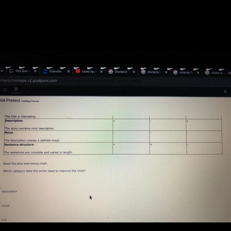 Read the plus-and-minus chart. Which category does the writer need to improve the-example-1