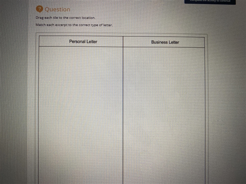 Drag each tile to the correct location Match each excerpt to the correct type of letter-example-1