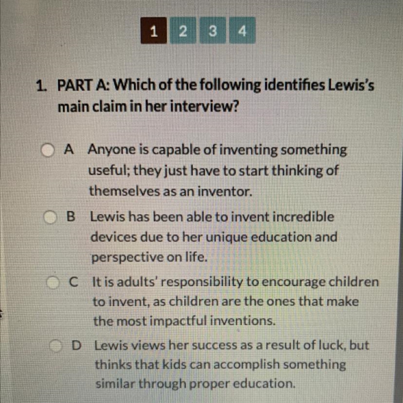 Which of the following identifies Lewis’s main claim in her interview ?-example-1