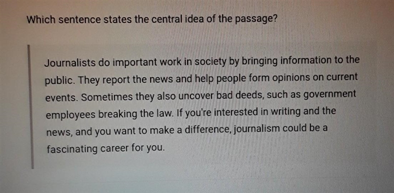 Which sentence states the central idea of the passage? Journalists do important work-example-1