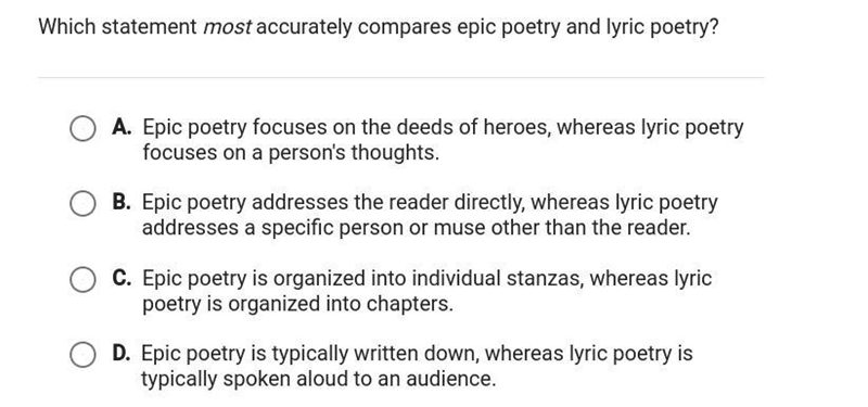 Which statement most accurately compares epic poetry and lyric poetry?-example-1