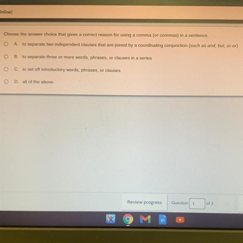 Choose the answer choice that gives a correct reason for using a comma (or commas-example-1