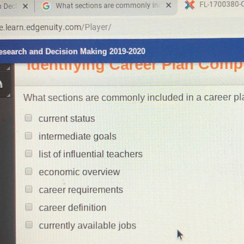 What sections are commonly included in a career plan? Check all that apply. current-example-1