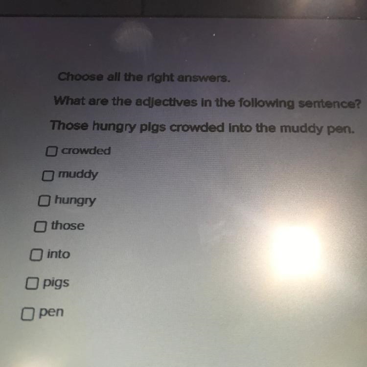 What are the adjectives in the following sentence? Those hungry pigs crowded into-example-1