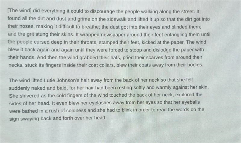 The lines "The wind lifted Lutie Johnson's hair away from the back of her neck-example-1