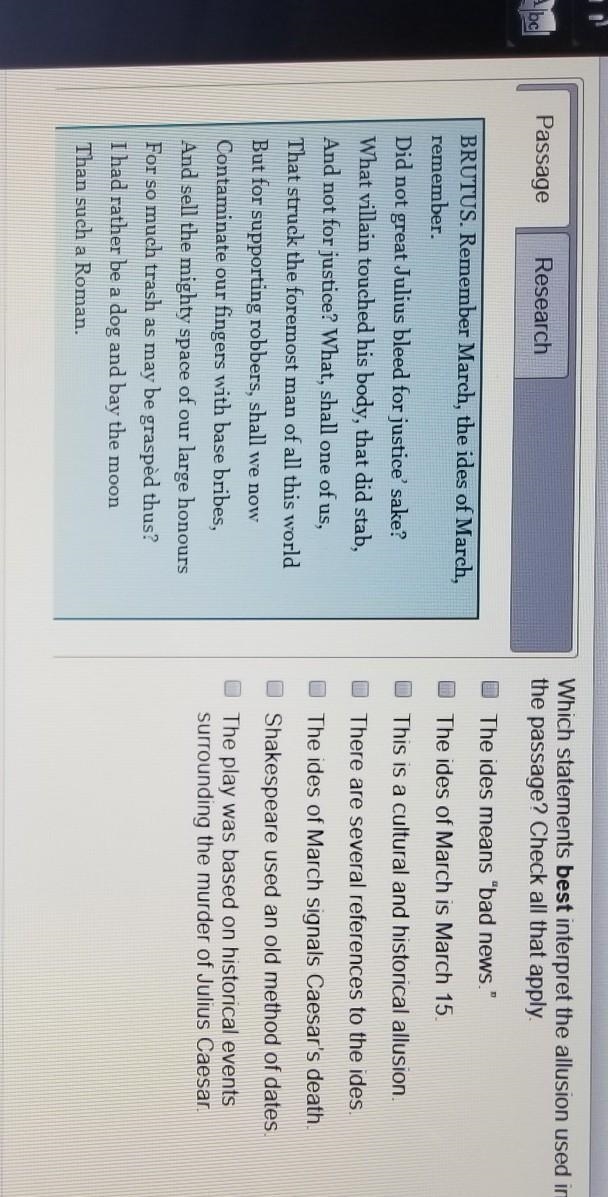 Which statements best interpret the allusion used in the passage? Check all that apply-example-1