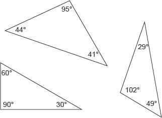 Pam draws three scalene triangles. In each figure, she measures each angle, as shown-example-1