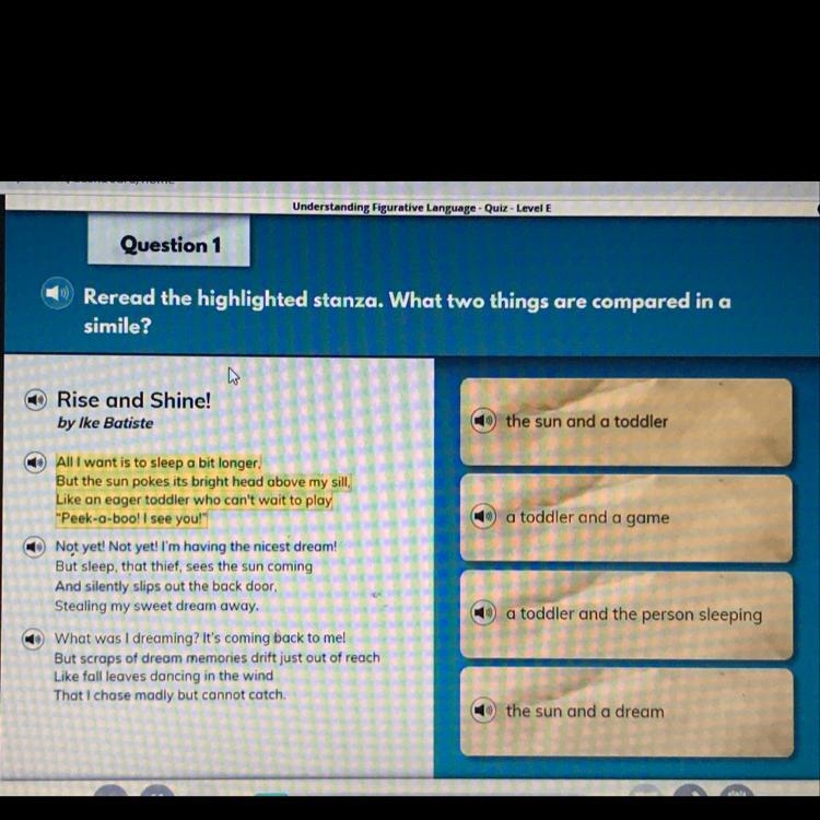 Question 1 Reread the highlighted stanza. What two things are compared in a simile-example-1