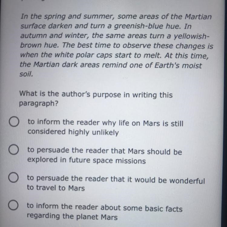 Look for clues about the author’s purpose in this passage about Mars.-example-1