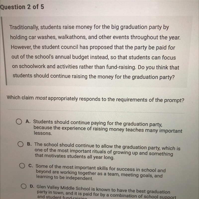 Which claim most appropriately responds to the requirements of the prompt? A. Students-example-1