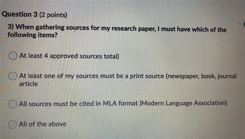 When gathering sources for my research paper, I must have which of the following items-example-1