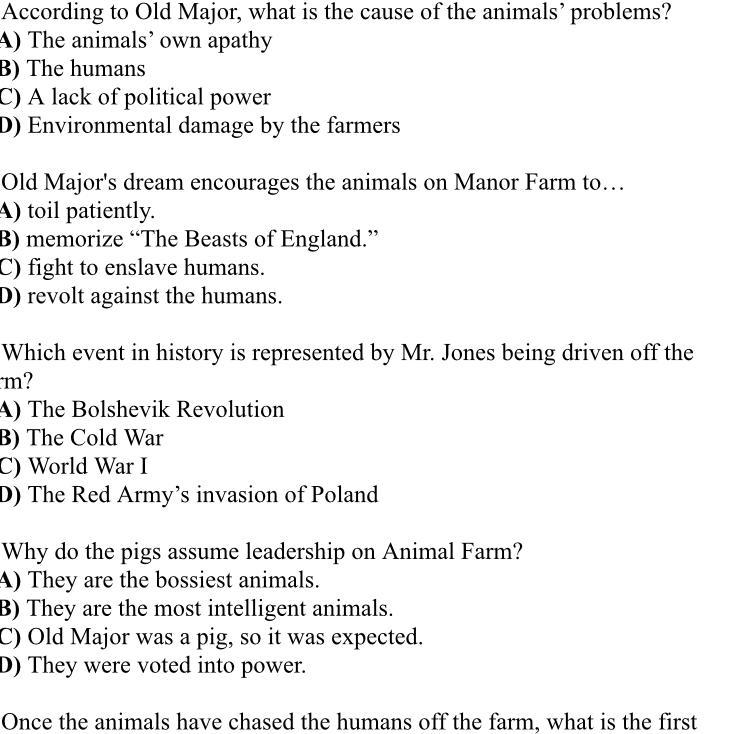 According to old major what is the cause of the animals problem-example-1