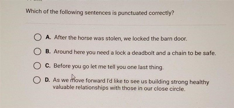 Which of the following sentences is punctuated correctly? A. After the horse was stolen-example-1