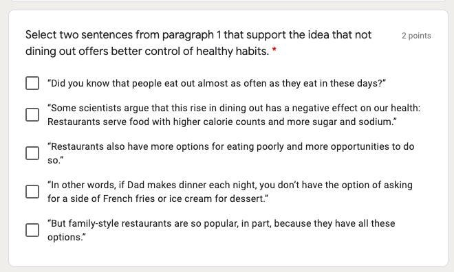 Select two sentences from paragraph 1 that support the idea that not dining out offers-example-2