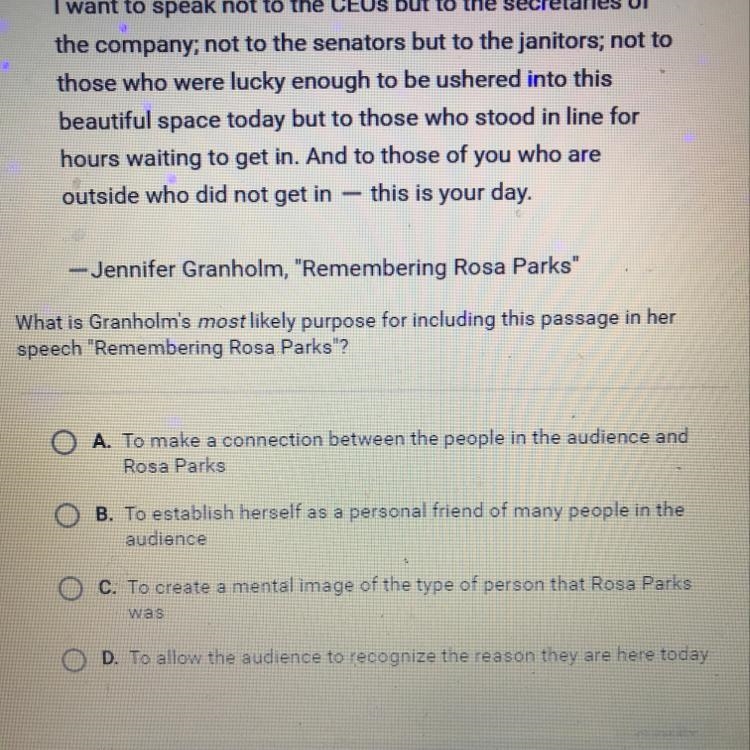 What is Granholm's most likely purpose for including this passage in her speech &quot-example-1