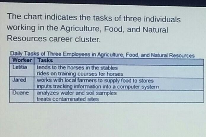 Which best describes the career pathways of each worker? O Letitia works in Animal-example-1