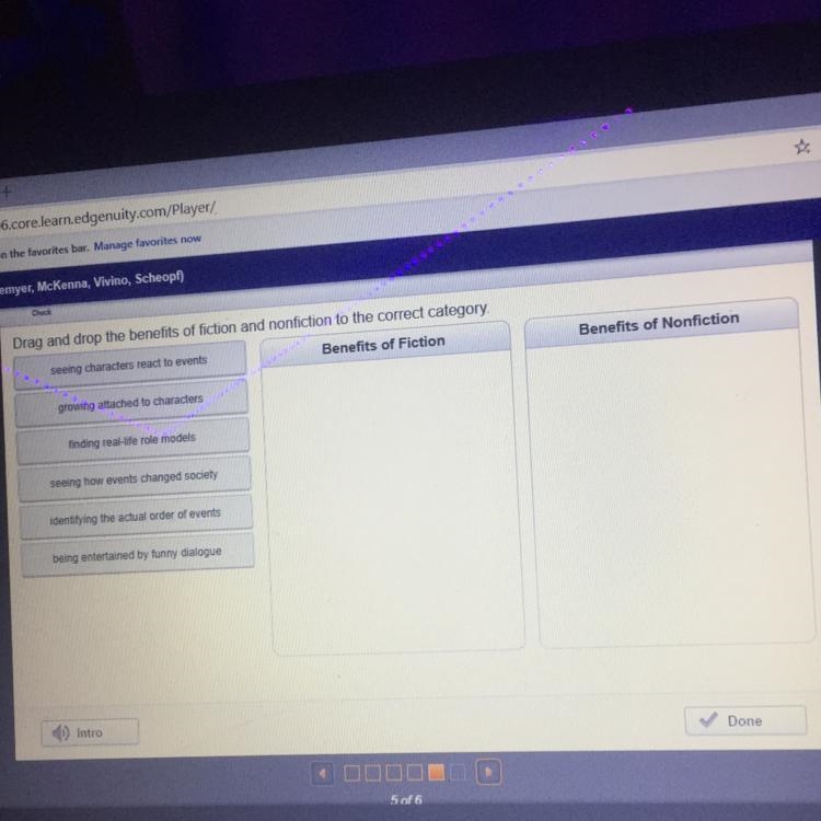 Drag and drop the benefits of fiction and nonfiction to the correct category. seeing-example-1