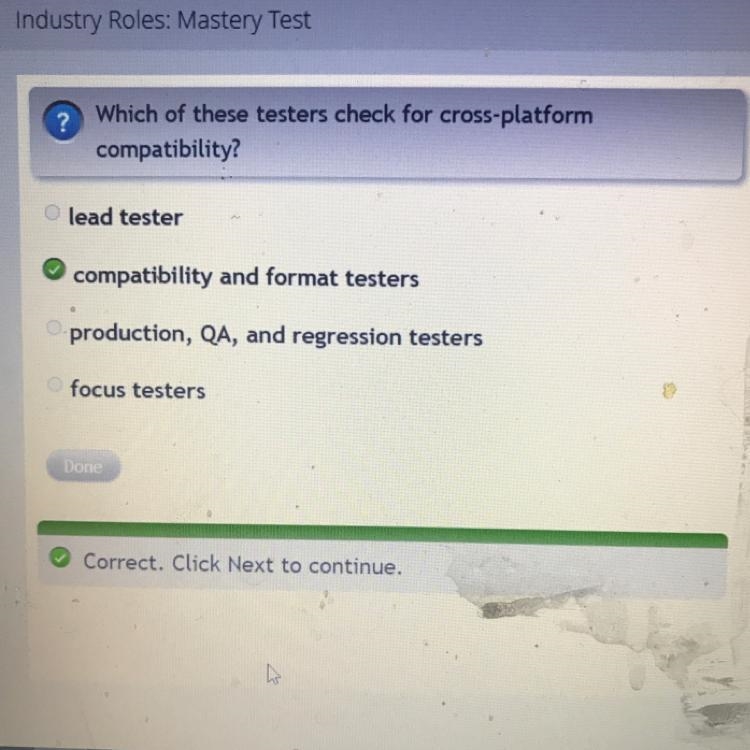 Which of these testers check for cross-platform compatibility? A. lead tester B. compatibility-example-1