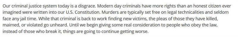 Which two (2) sentences from the text shows the author's point of view on the criminal-example-1