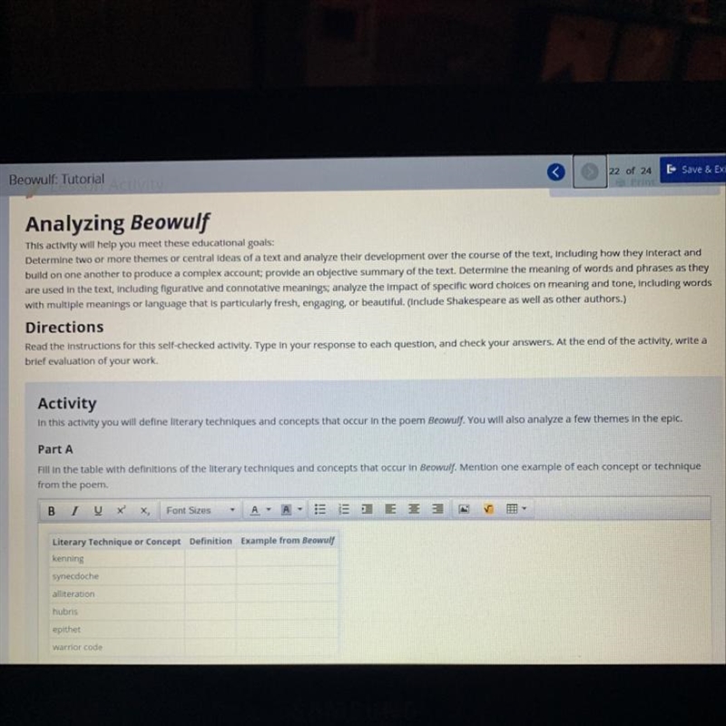 Fill in the table with definitions of the literary techniques and concepts that occur-example-1