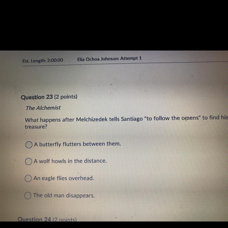Question 23 (2 points) The Alchemist What happens after Melchizedek tells Santiago-example-1