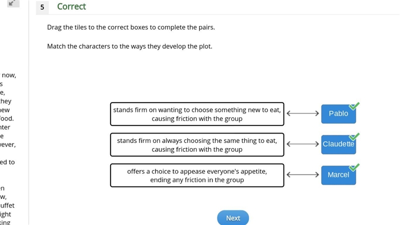 Match the characters to the ways they develop the plot. Claudette Pablo Marcel stands-example-1