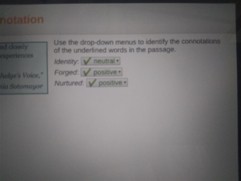 Use the drop-down menus to identify the connotation of the underlined words in the-example-1