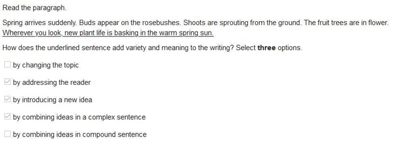 How does the underlined sentence add variety and meaning to the writing? Select three-example-1