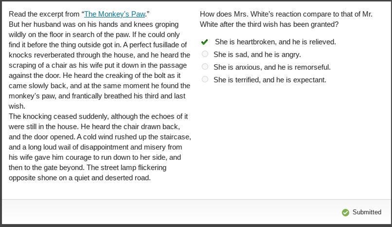 How does mrs.white’s reaction compare to that of me.white after the third wish has-example-1