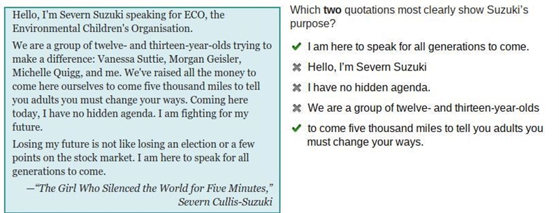 Hello, I'm Severn Suzuki speaking for ECO, the Environmental Children's Organisation-example-1