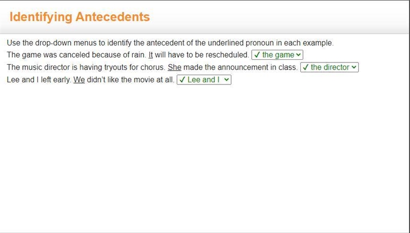 Use the drop-down menus to identify the antecedent of the underlined pronoun in each-example-1