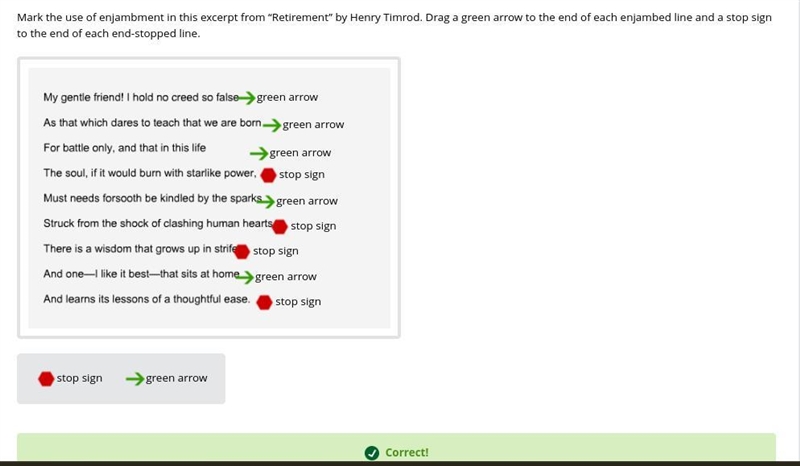 Mark the use of enjambment in this excerpt from “Retirement” by Henry Timrod. Drag-example-1
