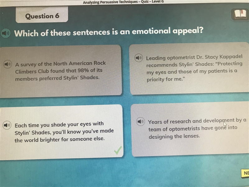 Question 6 > Which of these sentences is an emotional appeal? Years of research-example-1