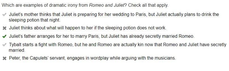 Which are examples of dramatic irony from Romeo and Juliet? Check all that apply. -Juliet-example-1