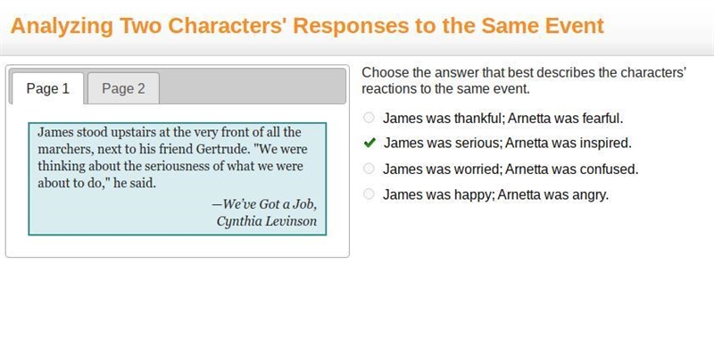 Choose the answer that best describes the characters' reactions to the same event-example-1