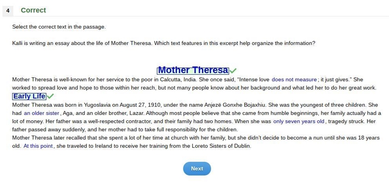 Kalli is writing an essay about the life of Mother Theresa. Which text features in-example-1