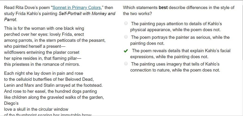 Read Rita Dove’s poem "Sonnet in Primary Colors,” then study Frida Kahlo’s painting-example-1