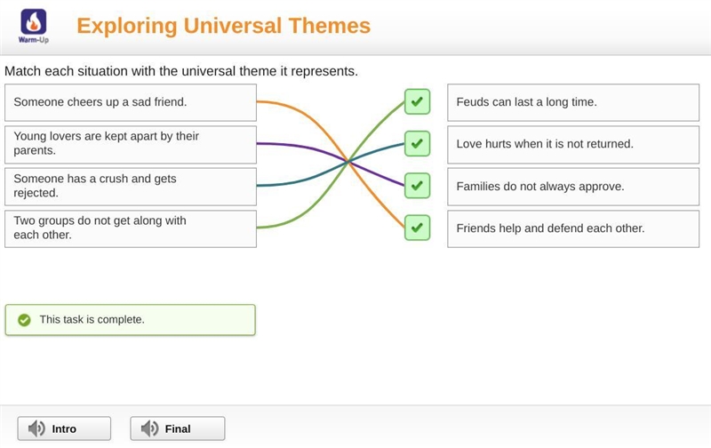 Match each situation with the universal theme it represents. Young lovers are kept-example-1