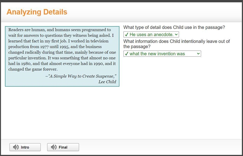 What type of detail does Child use in the passage? What information does Child intentionally-example-1