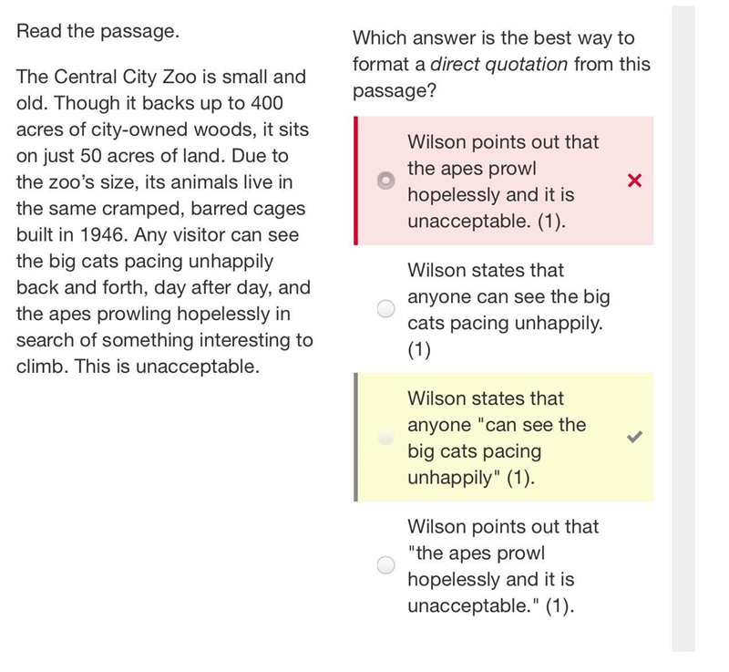 Read the passage. The Central City Zoo is small and old. Though it backs up to 400 acres-example-1