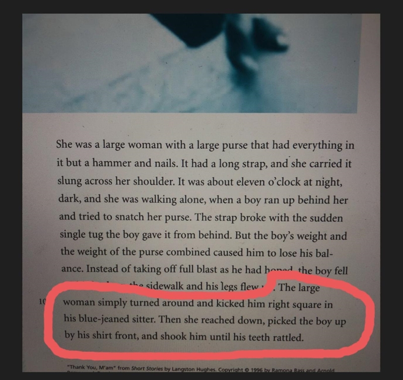 What does the boy do in lines 1-12? Underline the details that tell you. Then, circle-example-1